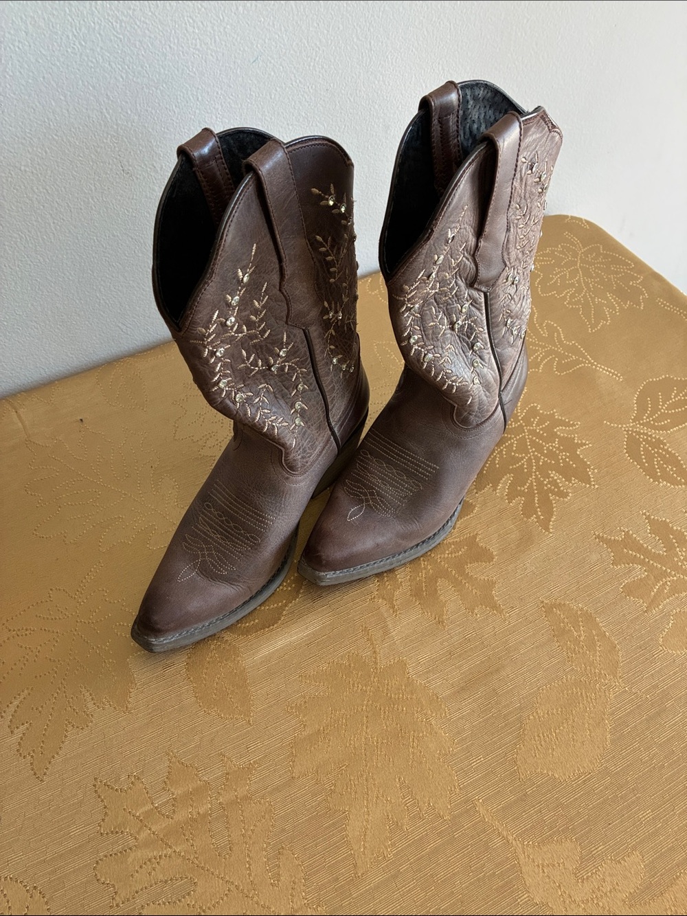 Brown Embroidered Western Heeled Boots for Women